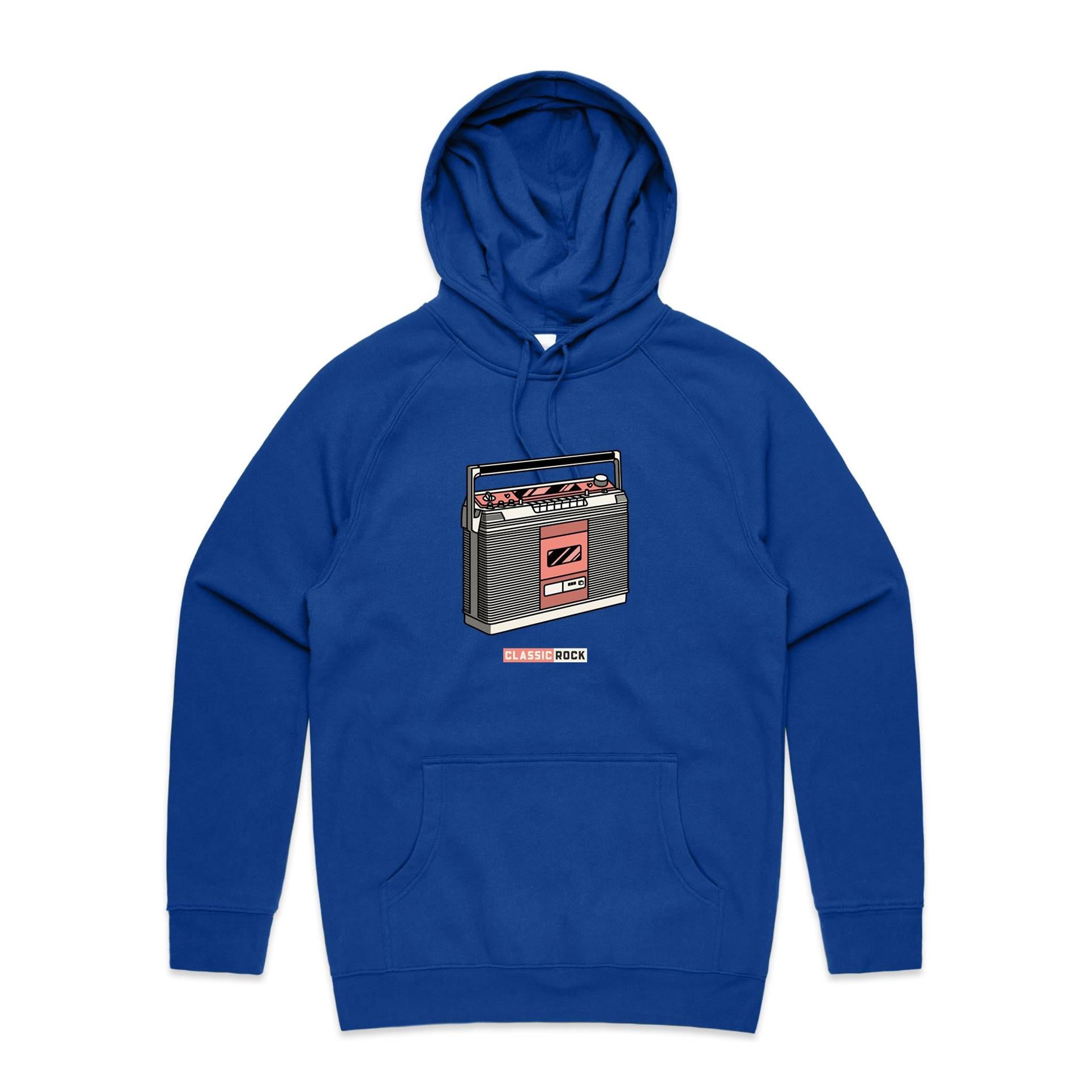 Classic Rock, Cassette Player - Mens Hoodie Bright Royal Mens Hoodie Music Printed In Australia