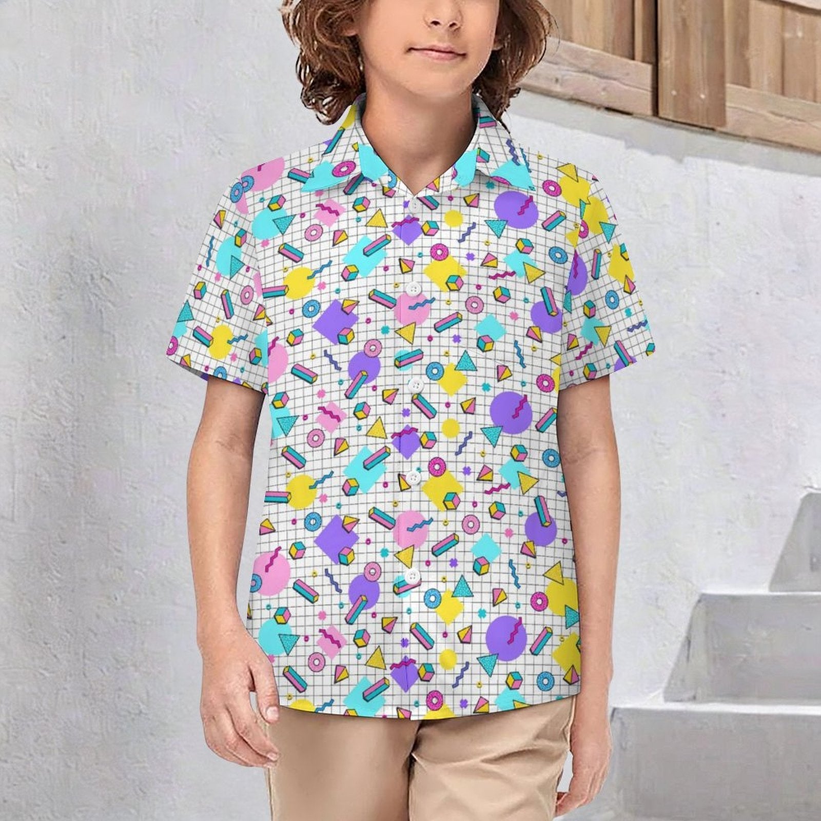 80's Grid Kids Youth Short Sleeve Button Up Shirt