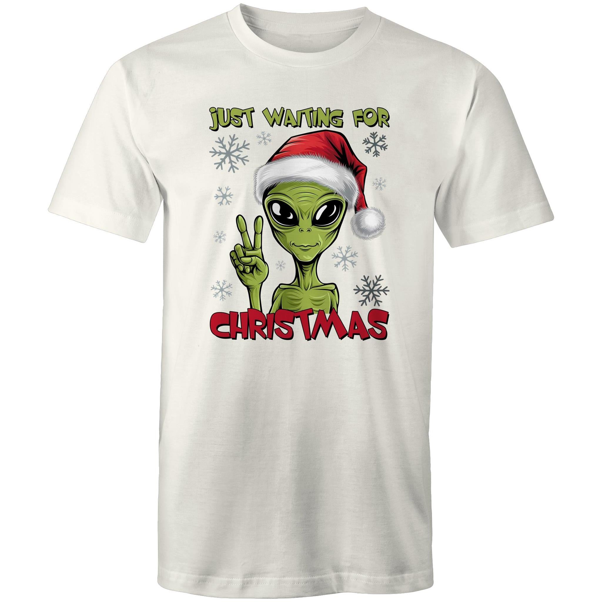 Just Waiting For Christmas, Alien - Mens T-Shirt Natural Mens Christmas T-shirt Christmas Printed In Australia