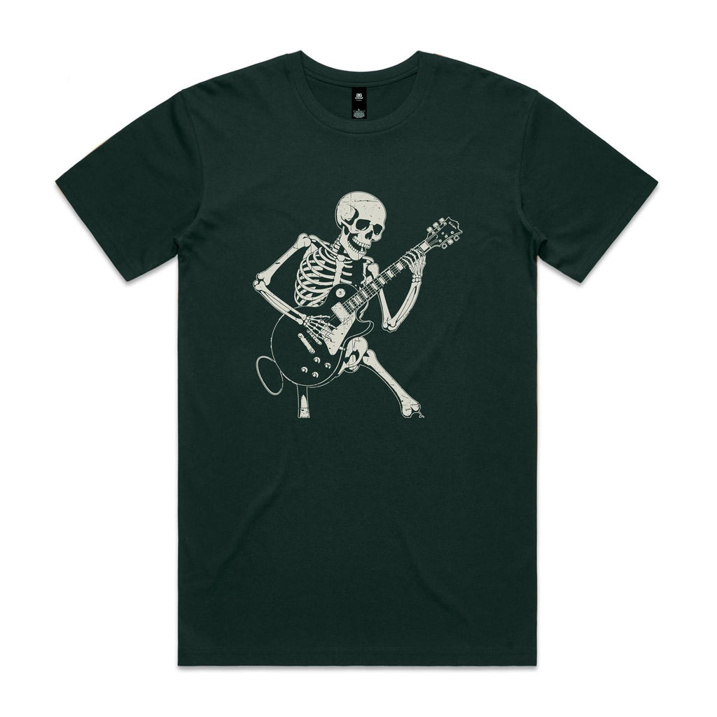Skeleton Playing Guitar Men's AS Colour T-shirt Pine Green Mens T-shirt Music Printed In Australia