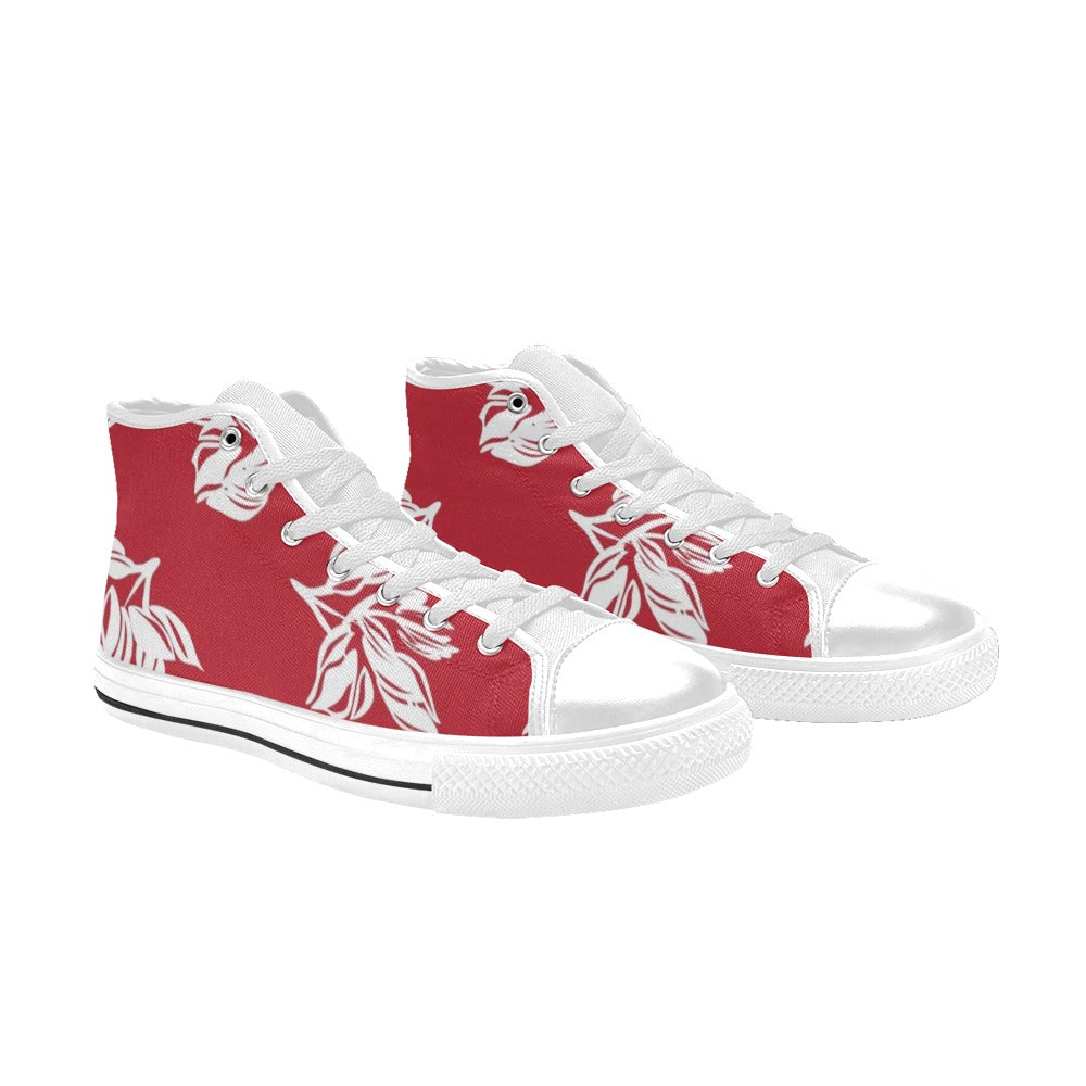 Red Retro Foliage, Hawaiian Flower - Kids High Top Canvas Shoes