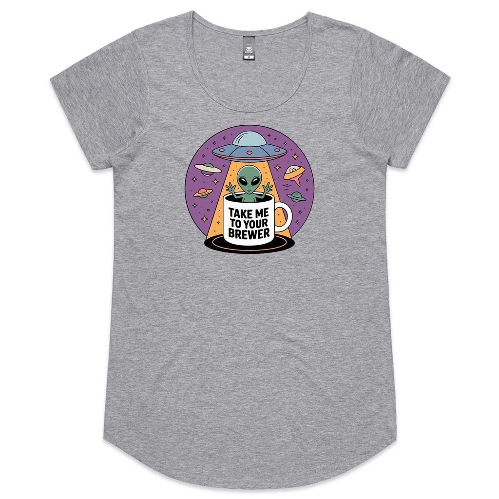 Coffee, Alien, UFO, Take Me To Your Brewer Women's AS Colour Scoop Neck T-Shirt Grey Marle Womens Scoop Neck T-shirt Coffee Printed In Australia Sci Fi
