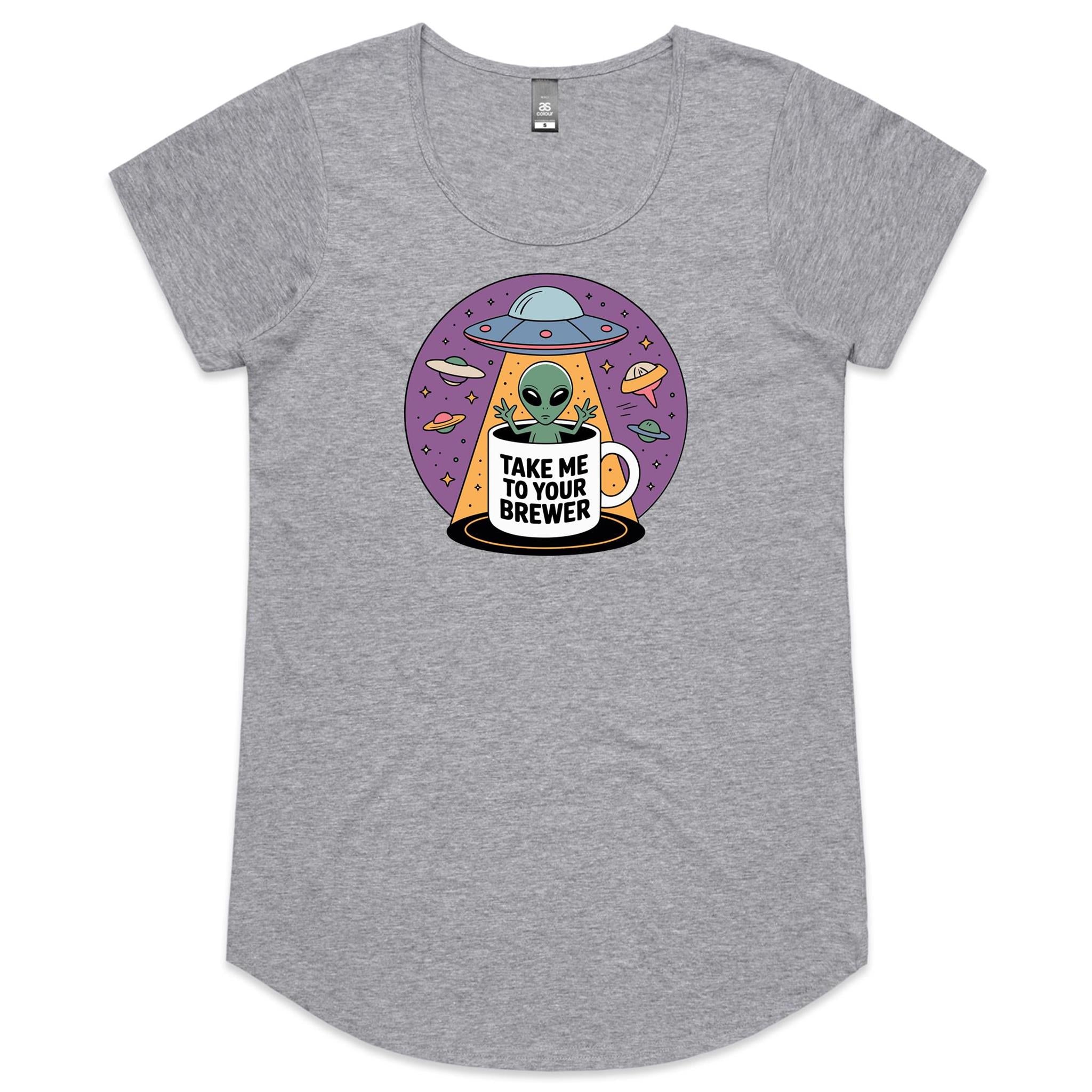 Coffee, Alien, UFO, Take Me To Your Brewer Women's AS Colour Scoop Neck T-Shirt Grey Marle Womens Scoop Neck T-shirt Coffee Printed In Australia Sci Fi