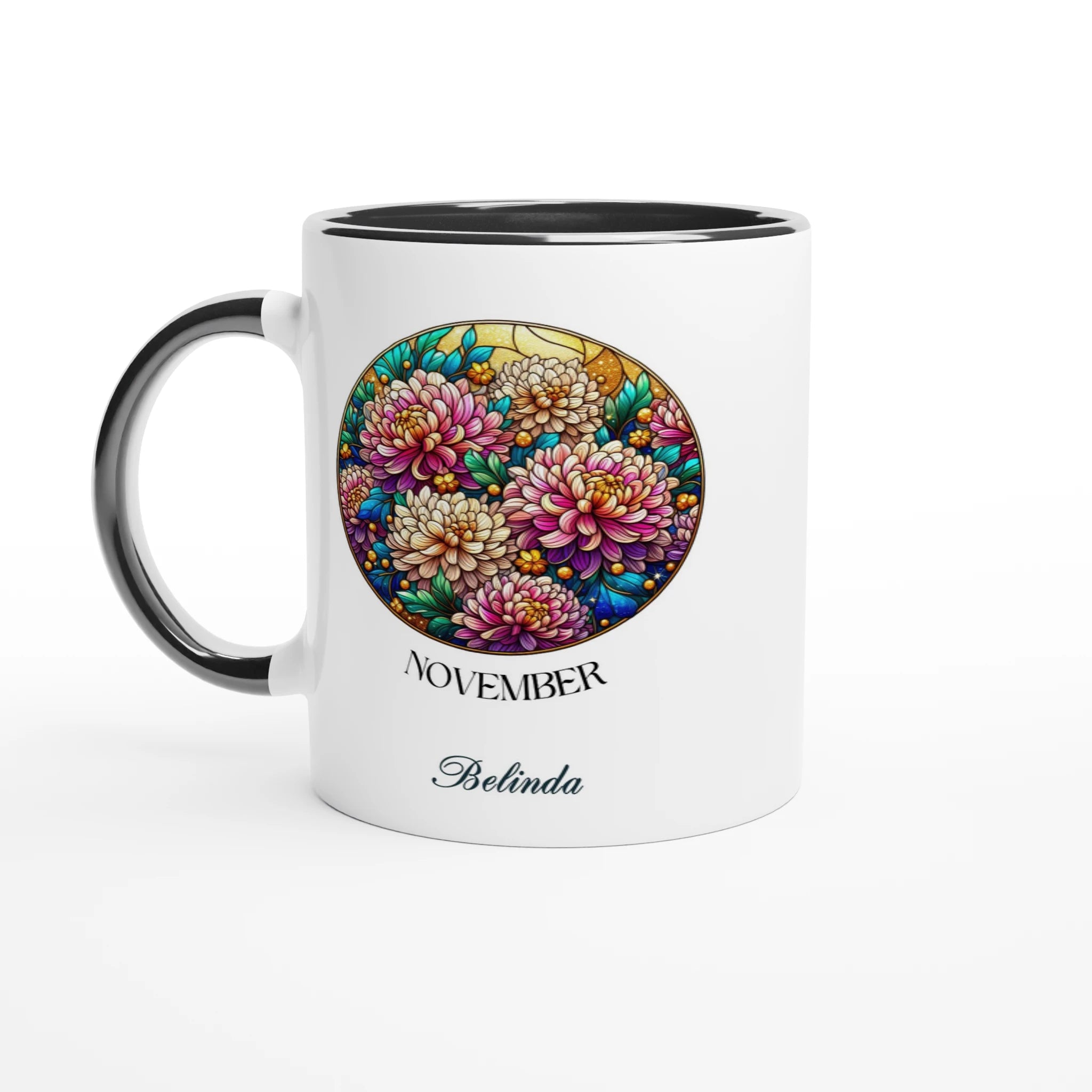 Stained Glass Birth Month Flowers - 11oz Ceramic Mug Ceramic Black Personalised 11oz Mug Birthday customise Globally Fulfilled Name personalise Plants