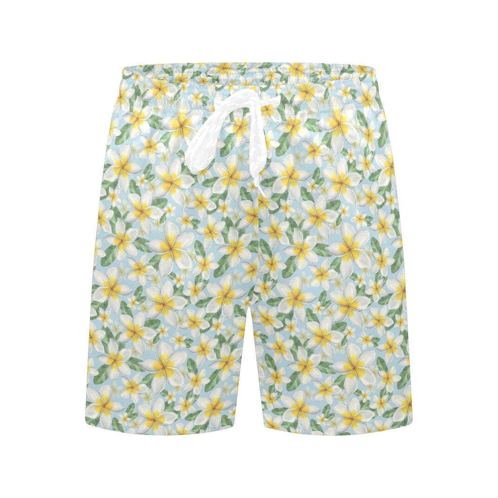 Delicate Frangipani Men's Mid-Length Beach Shorts Men's Mid-Length Beach Shorts Plants Printed Offshore