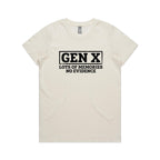 Gen X, Lots Of Memories, No Evidence Women's AS Colour T-shirt Natural Womens T-shirt Printed In Australia