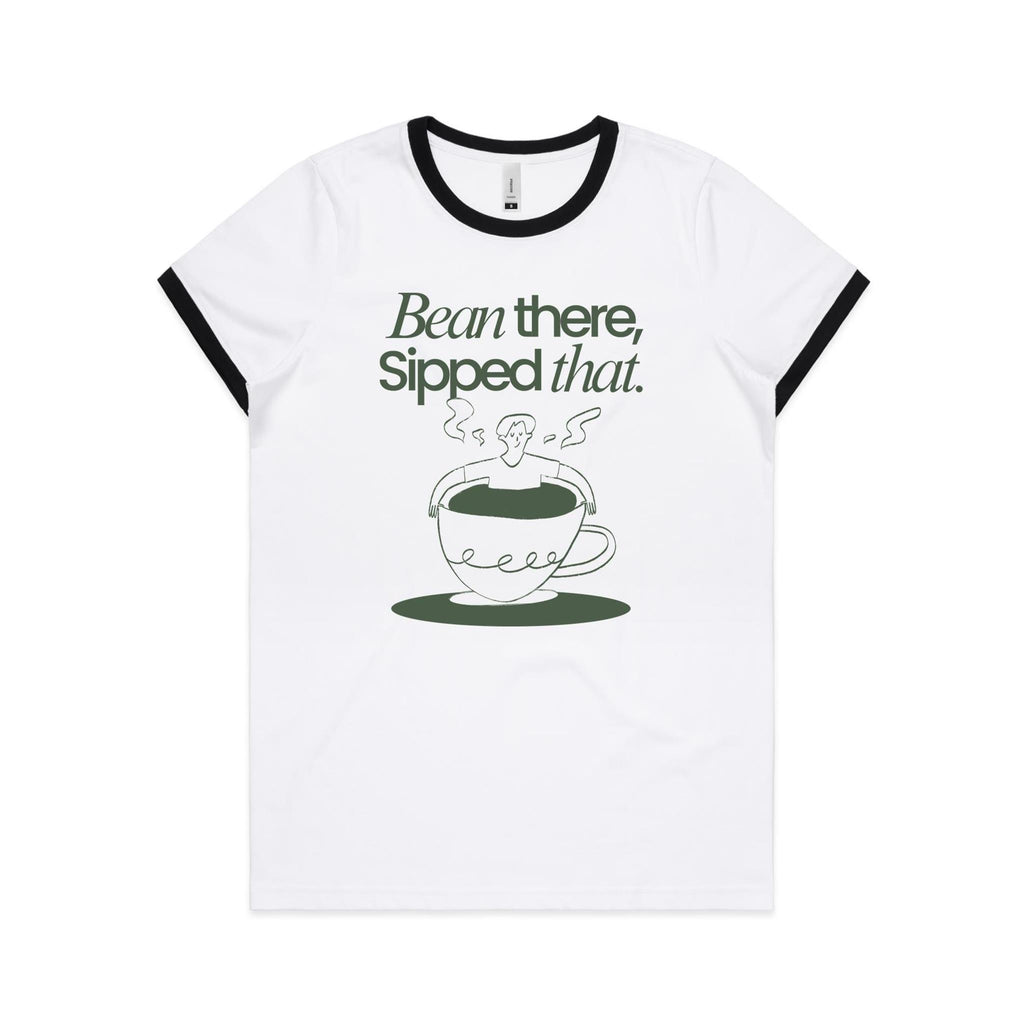 Bean There, Sipped That, Coffee - Women's Ringer Tee White Black Womens Ringer T-shirt Coffee Printed In Australia
