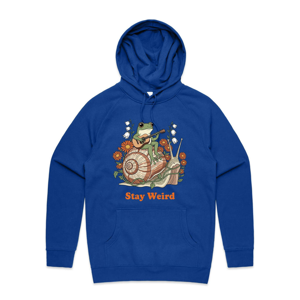 Stay Weird, Guitar Playing Frog On A Snail Men's AS Colour Hoodie Bright Royal Mens Hoodie animal Music Printed In Australia