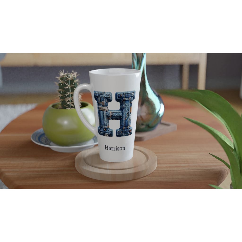 Blue Denim Initial - White Latte 17oz Ceramic Mug Personalised Latte Mug customise Globally Fulfilled Initial Name personalise