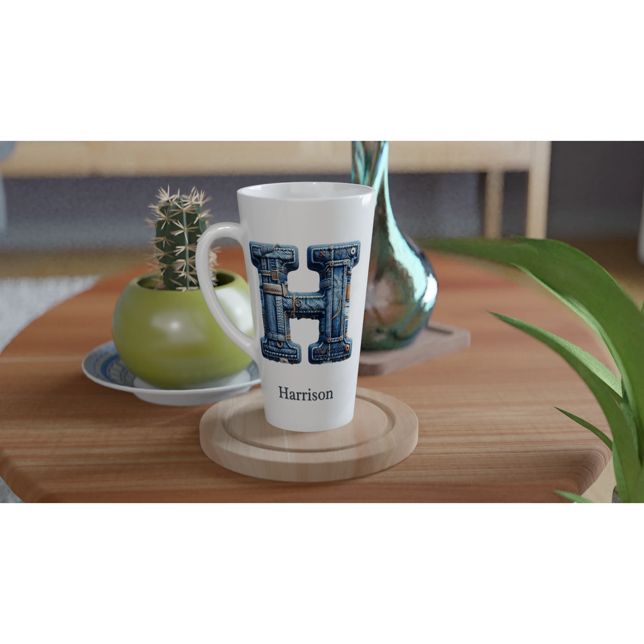 Blue Denim Initial - White Latte 17oz Ceramic Mug Personalised Latte Mug customise Globally Fulfilled Initial Name personalise