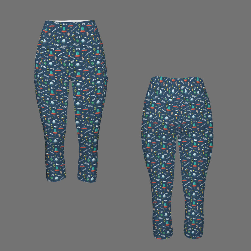UFO's And Aliens - Women's High Waist Pocket Capri Yoga Leggings Women's High Waist Capri Yoga Leggings Printed Offshore Sci Fi