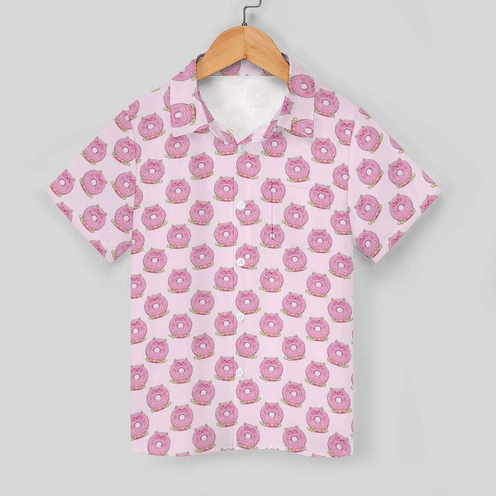 Pink Cat Doughnuts Kids Youth Short Sleeve Button Up Shirt
