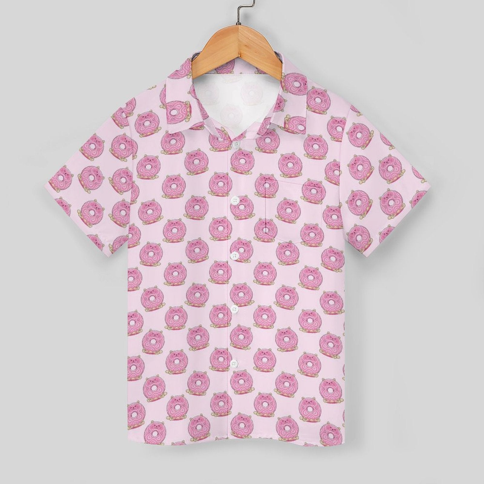 Pink Cat Doughnuts Kids Youth Short Sleeve Button Up Shirt