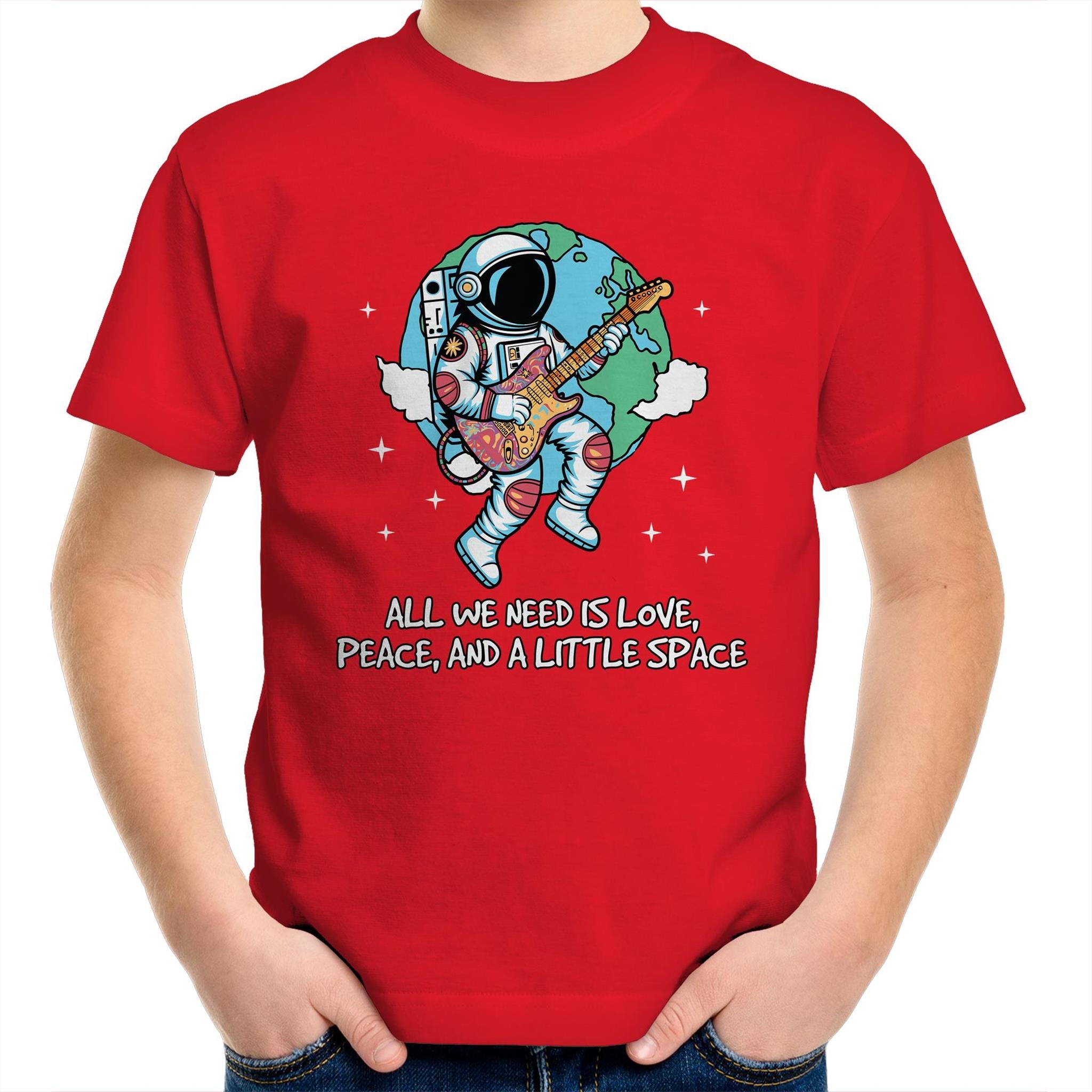 Astronaut, All We Need Is Love, Peace And A Little Space - Kids Youth T-Shirt Red Kids Youth T-shirt Music Printed In Australia Space