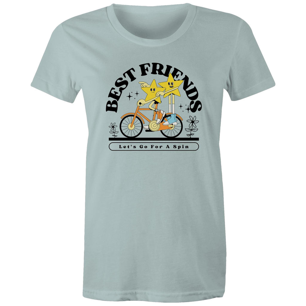 Best Friends, Riding A Bike - Womens T-shirt Pale Blue Womens T-shirt Printed In Australia Retro