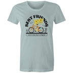 Best Friends, Riding A Bike - Womens T-shirt Pale Blue Womens T-shirt Printed In Australia Retro
