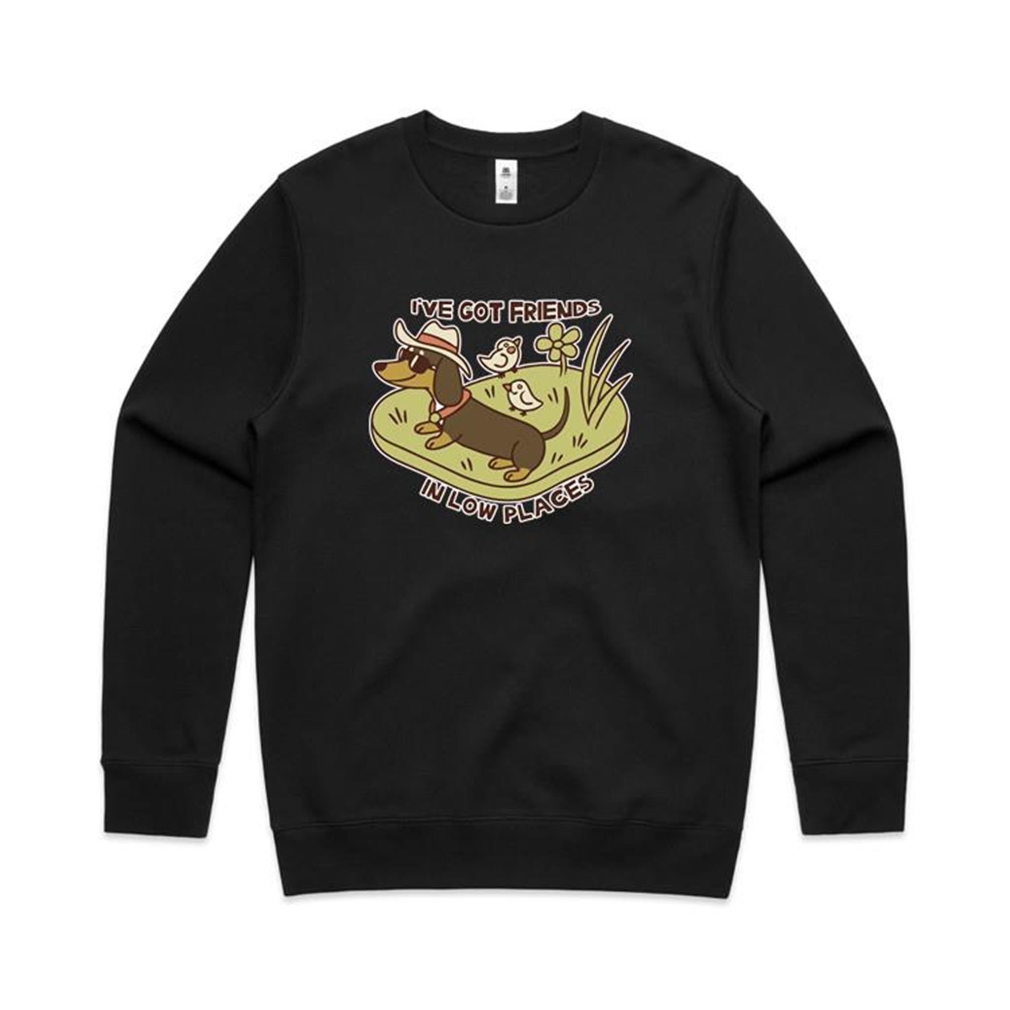 Dachshund, I've Got Friends In Low Places AS Colour Stencil Crew Sweatshirt Unisex Black Sweatshirt animal Printed In Australia