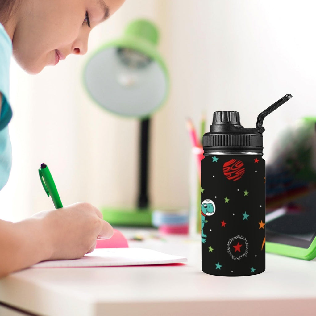 Astronaut Dinosaurs - Kids Water Bottle with Chug Lid (12 oz) Kids Water Bottle with Chug Lid Printed Offshore Space
