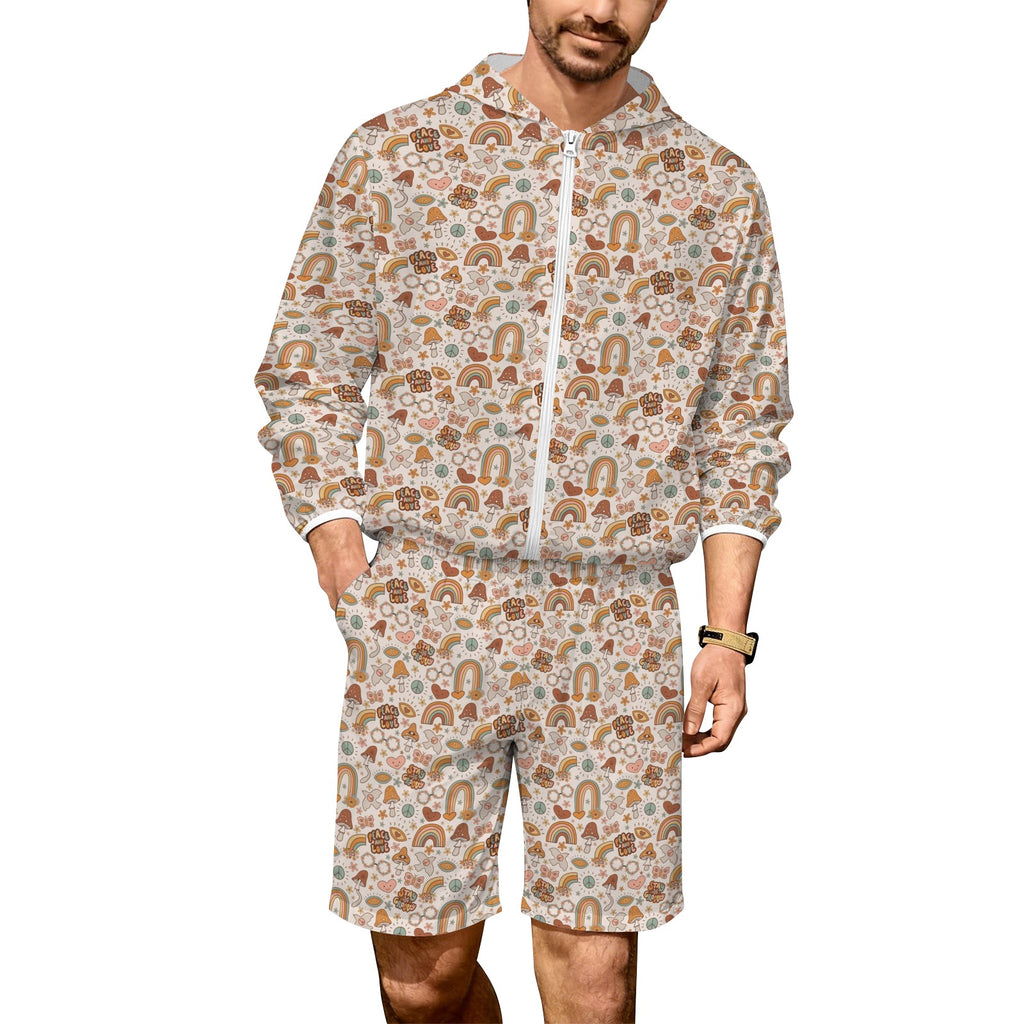 Peace And Love Men's Lightweight Sun Hoodie & Shorts Set 4XL Men's Lightweight Sun Hoodie & Shorts Printed Offshore Retro