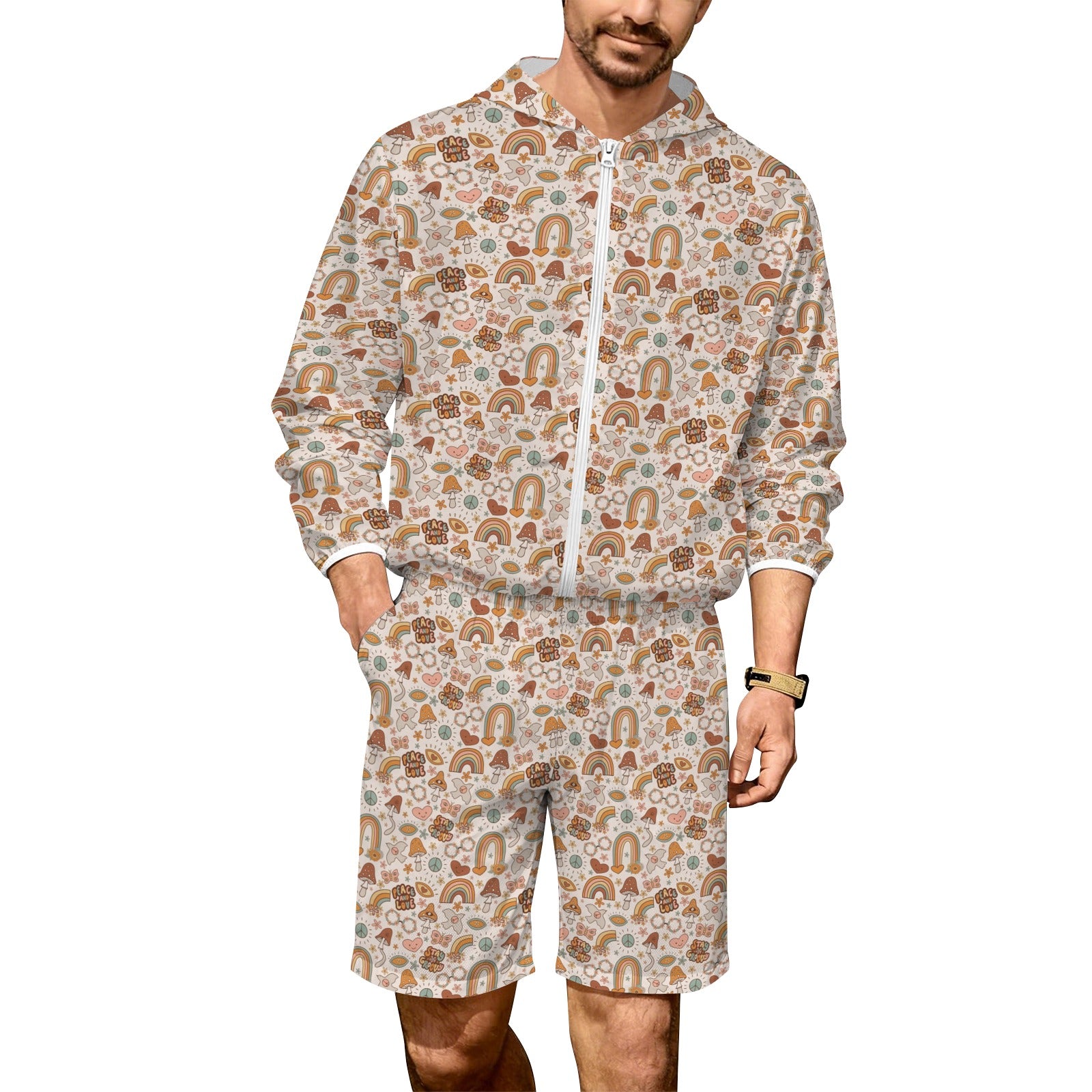 Peace And Love Men's Lightweight Sun Hoodie & Shorts Set 4XL Men's Lightweight Sun Hoodie & Shorts Printed Offshore Retro