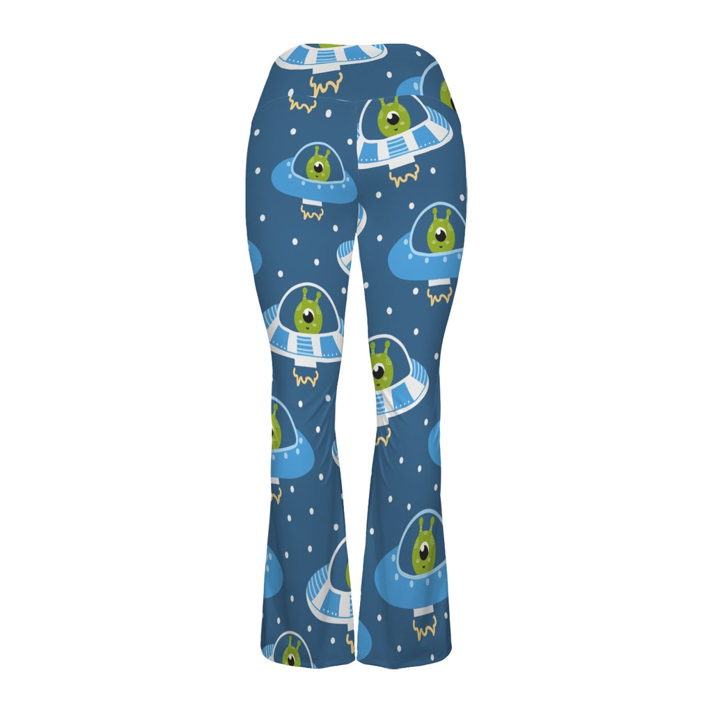Cute Aliens in UFOs High Waist Crossover Tummy Control Flare Leggings High Waist Flare Leggings Printed Offshore Sci Fi