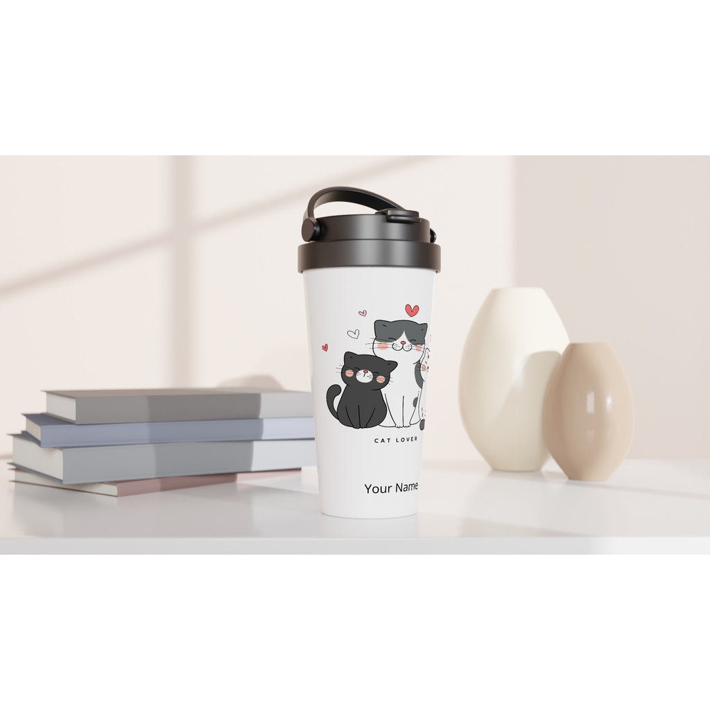 Personalised - Cat Lover - White 15oz Stainless Steel Travel Mug Personalised Travel Mug animal Globally Fulfilled
