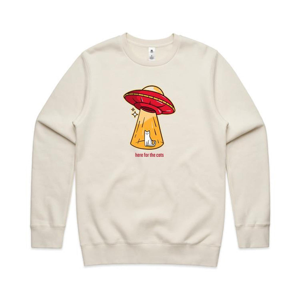 Here For The Cats, UFO - AS Colour Stencil Crew Ecru Sweatshirt animal Printed In Australia Sci Fi