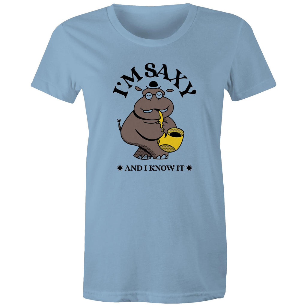 I'm Saxy And I Know It, Saxophone Hippo - Womens T-shirt Carolina Blue Womens T-shirt animal Music Printed In Australia