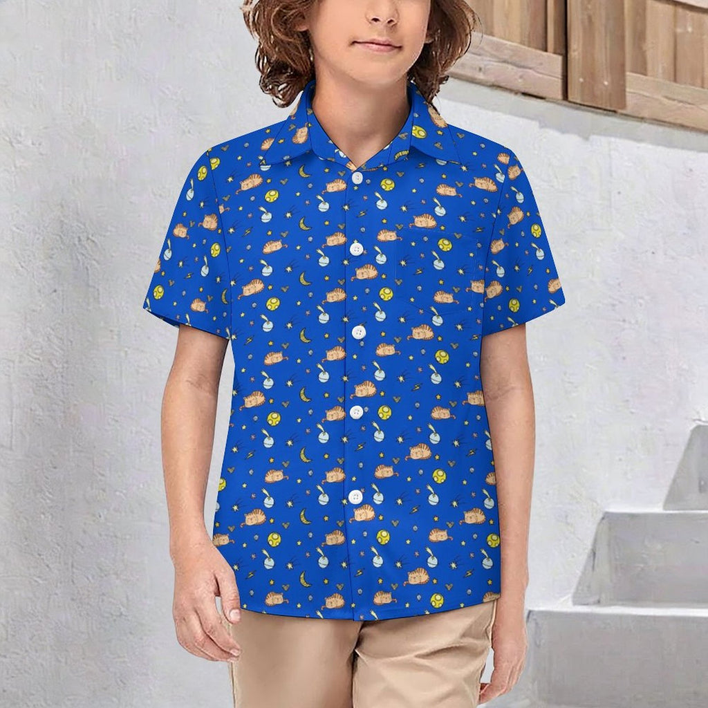 Cats In Space Kids Youth Short Sleeve Button Up Shirt