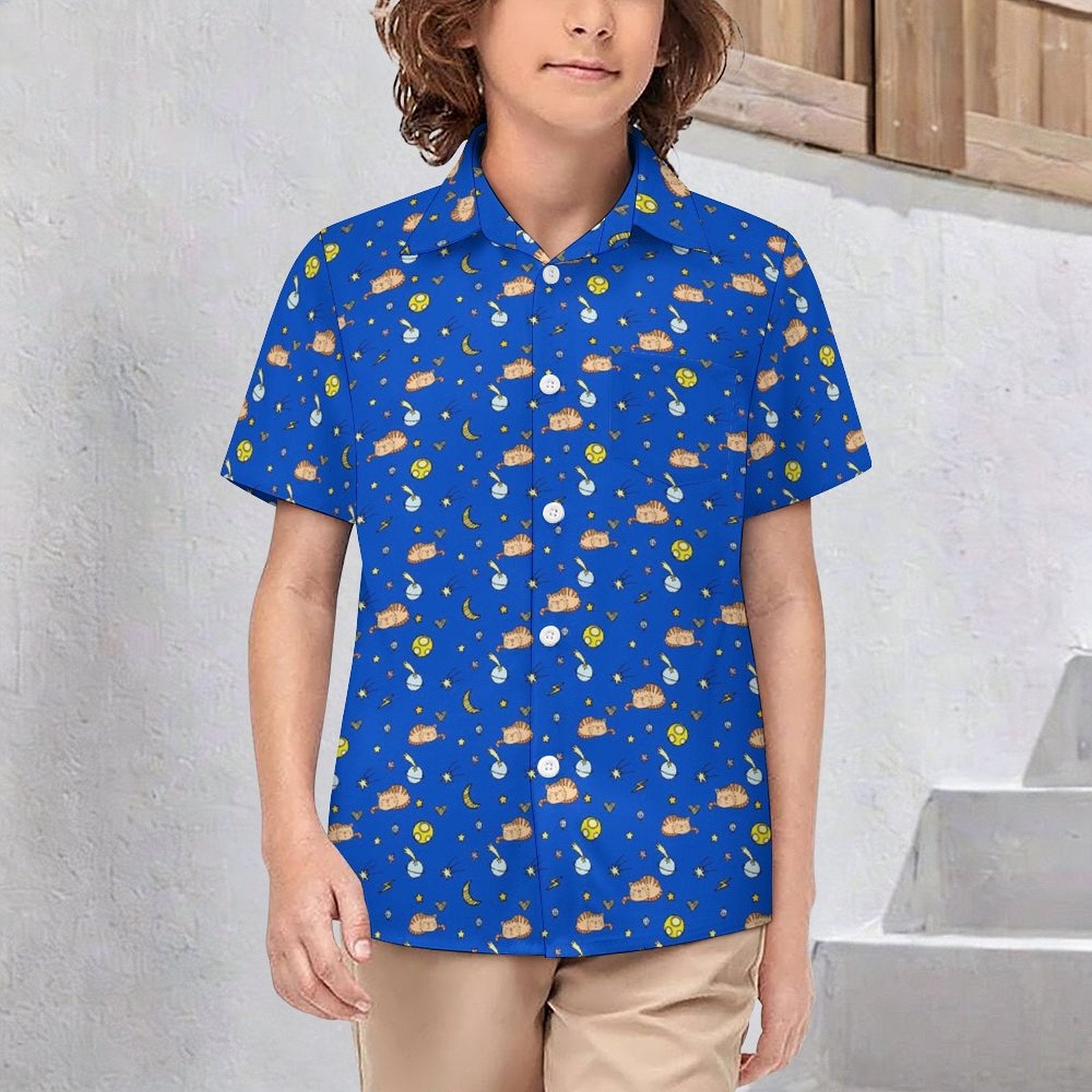 Cats In Space Kids Youth Short Sleeve Button Up Shirt