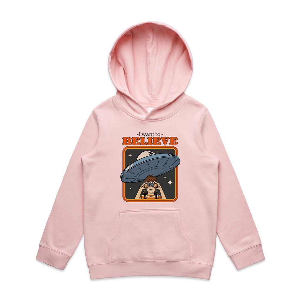 I Want To Believe, UFO - Kids Hoodie Pink Kids Hoodie Printed In Australia