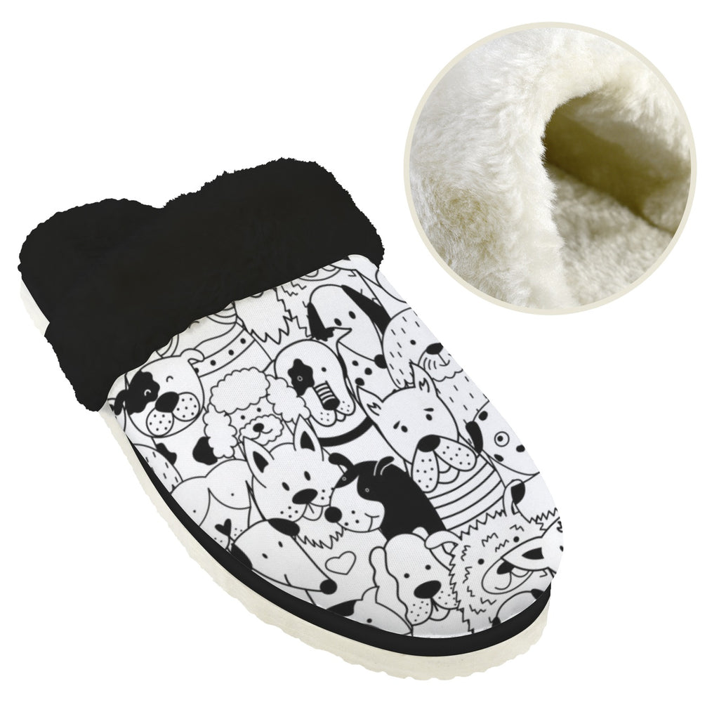 Black And White Dogs Men's Fur Trim Thick-Sole Indoor Slippers Men's Fur Trimmed Slippers animal Printed Offshore