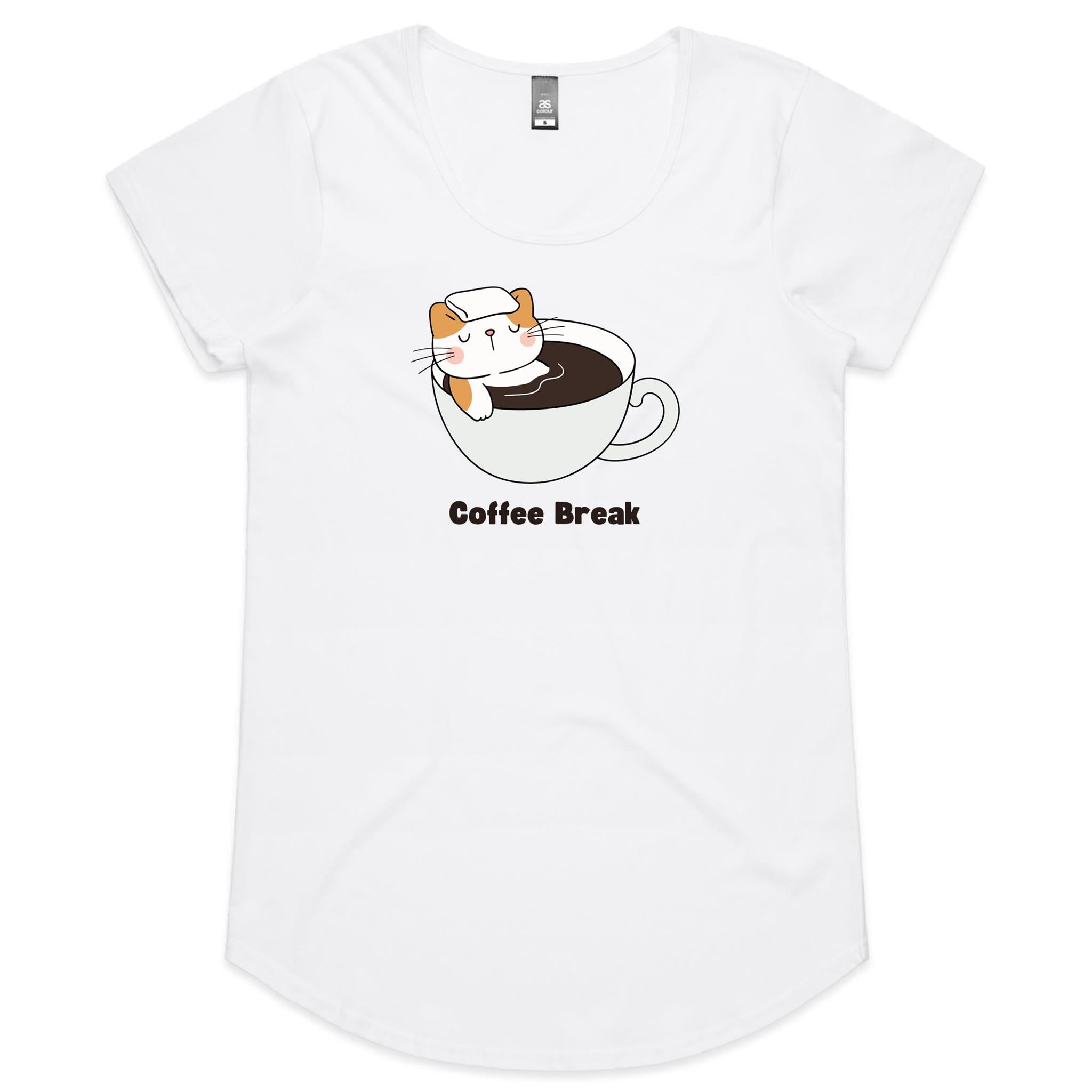 Cat Coffee Break - Womens Scoop Neck T-Shirt White Womens Scoop Neck T-shirt animal Coffee Printed In Australia