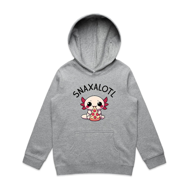 Snaxalotl, Axolotl Pizza - Kids Hoodie Grey Marle Kids Hoodie animal Food Printed In Australia
