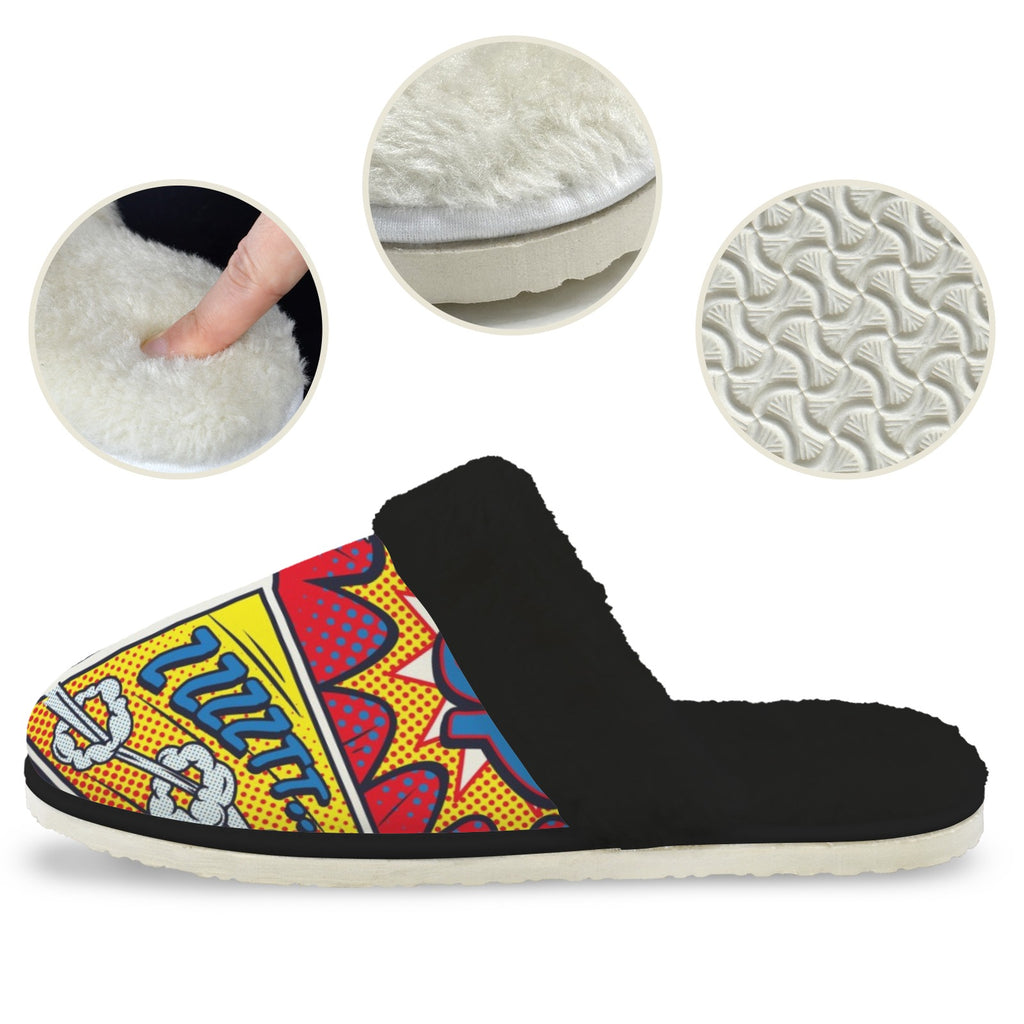 Comic Book Men's Fur Trim Thick-Sole Indoor Slippers Men's Fur Trimmed Slippers comic Printed Offshore