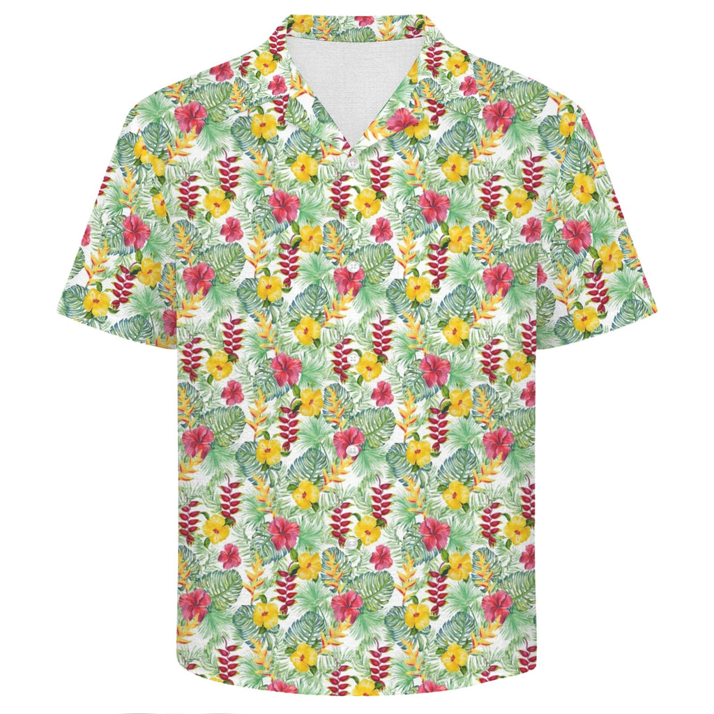 Tropical Flowers On White Men's Crinkle Hawaiian Shirt