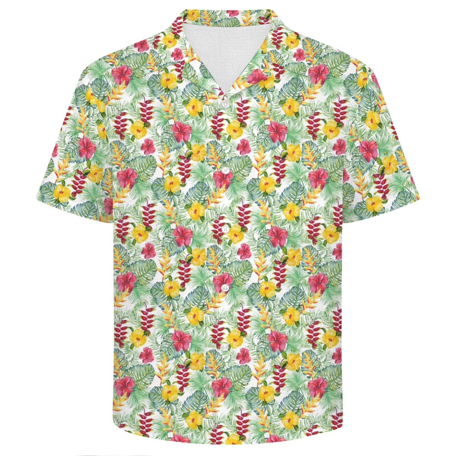 Tropical Flowers On White Men's Crinkle Hawaiian Shirt