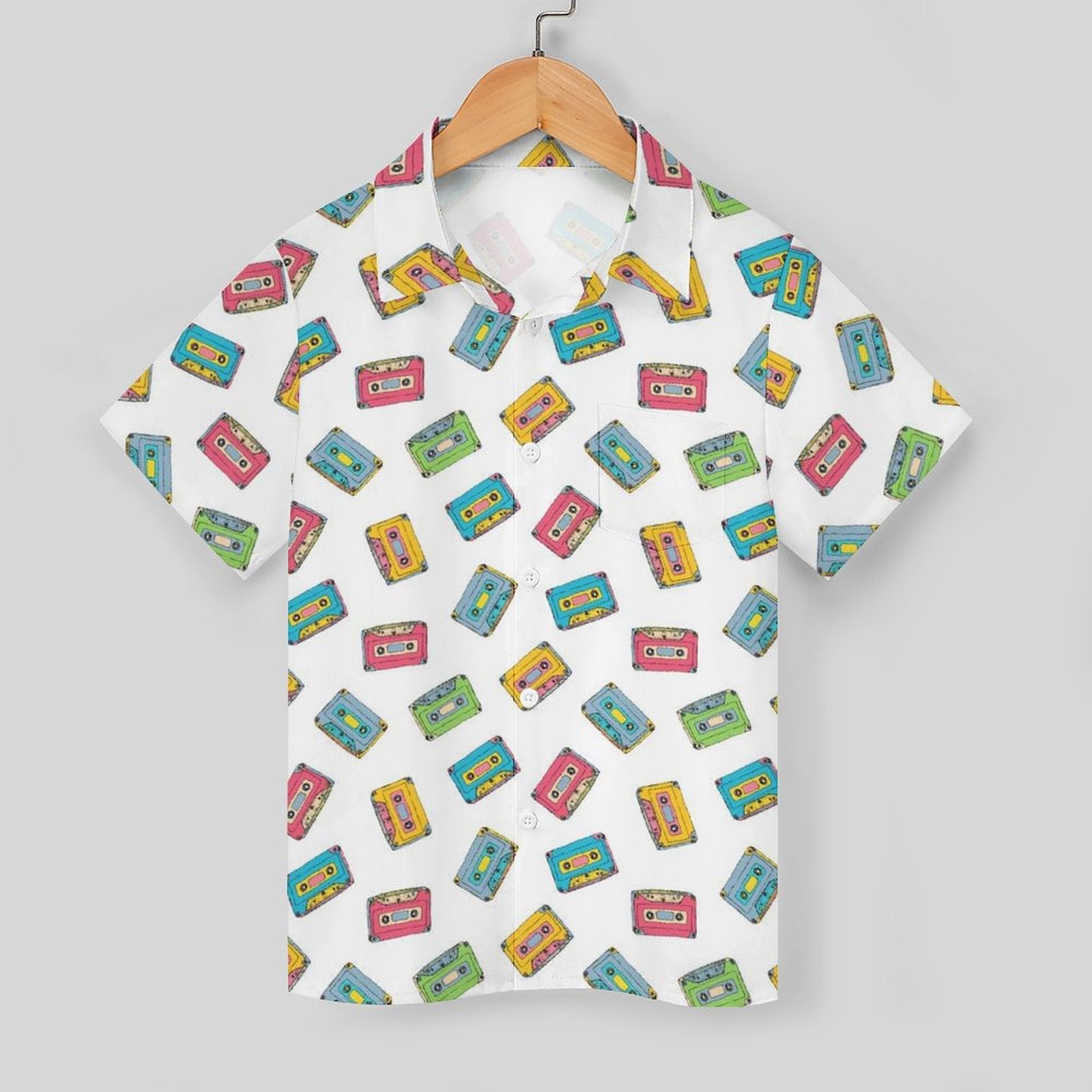 Colourful Cassette Tapes Kids Youth Short Sleeve Button Up Shirt