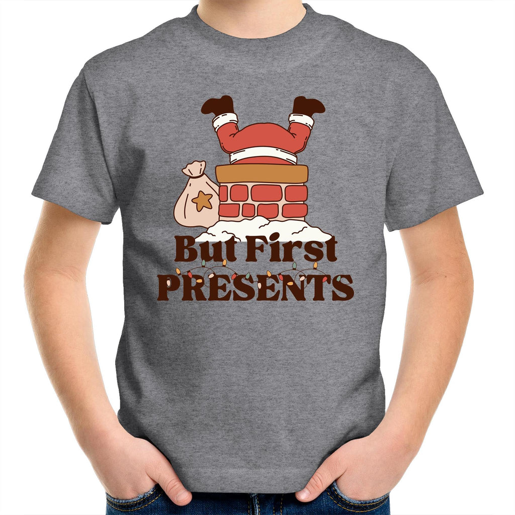 But First Presents, Santa In Chimney - Kids Youth T-Shirt Grey Marle Kids Christmas T-shirt Christmas Printed In Australia