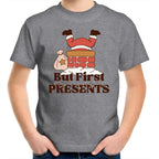But First Presents, Santa In Chimney - Kids Youth T-Shirt Grey Marle Kids Christmas T-shirt Christmas Printed In Australia