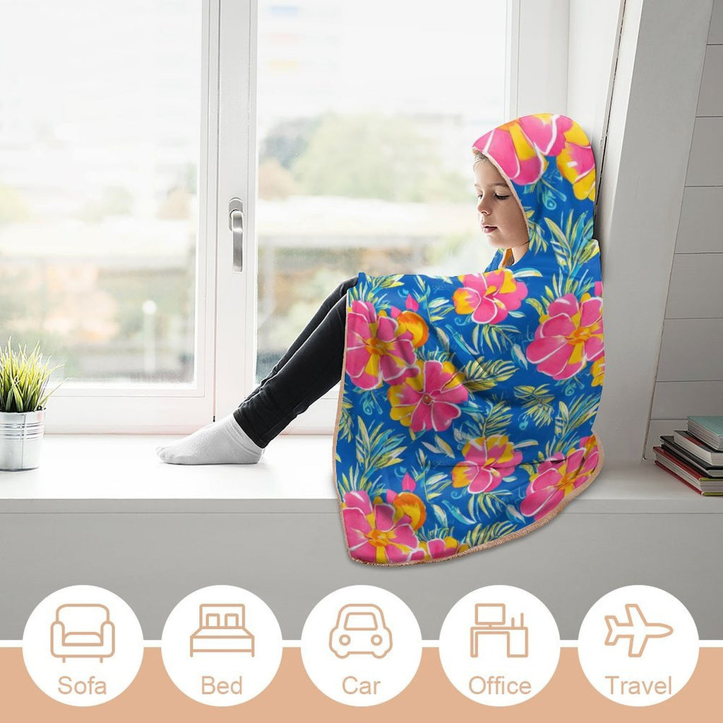 Tropical Flower in Blue And Pink Kids Hooded Blanket 100cm x 130cm Kids Hooded Blanket Plants Printed Offshore