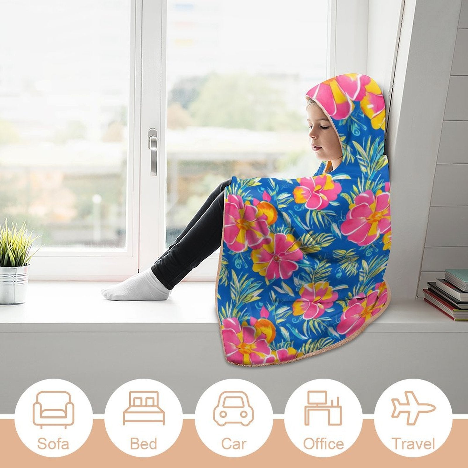 Tropical Flower in Blue And Pink Kids Hooded Blanket 100cm x 130cm Kids Hooded Blanket Plants Printed Offshore