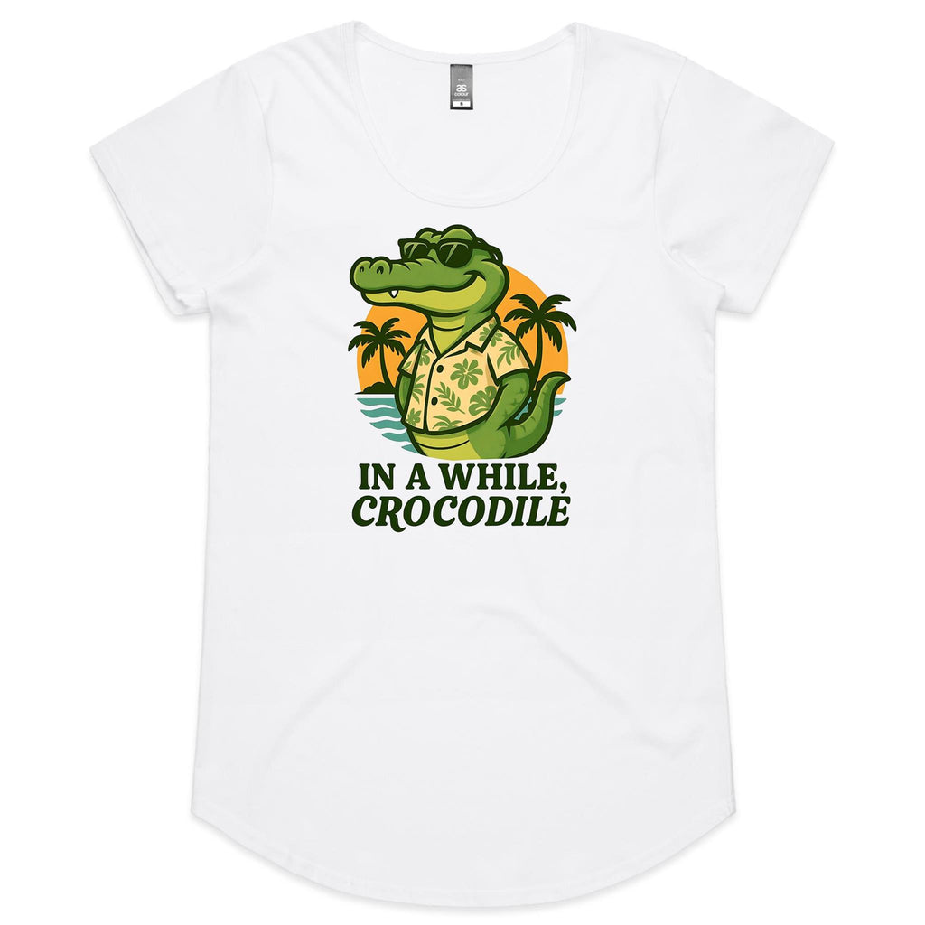 In A While, Crocodile Women's AS Colour Scoop Neck T-Shirt White Womens Scoop Neck T-shirt animal Printed In Australia