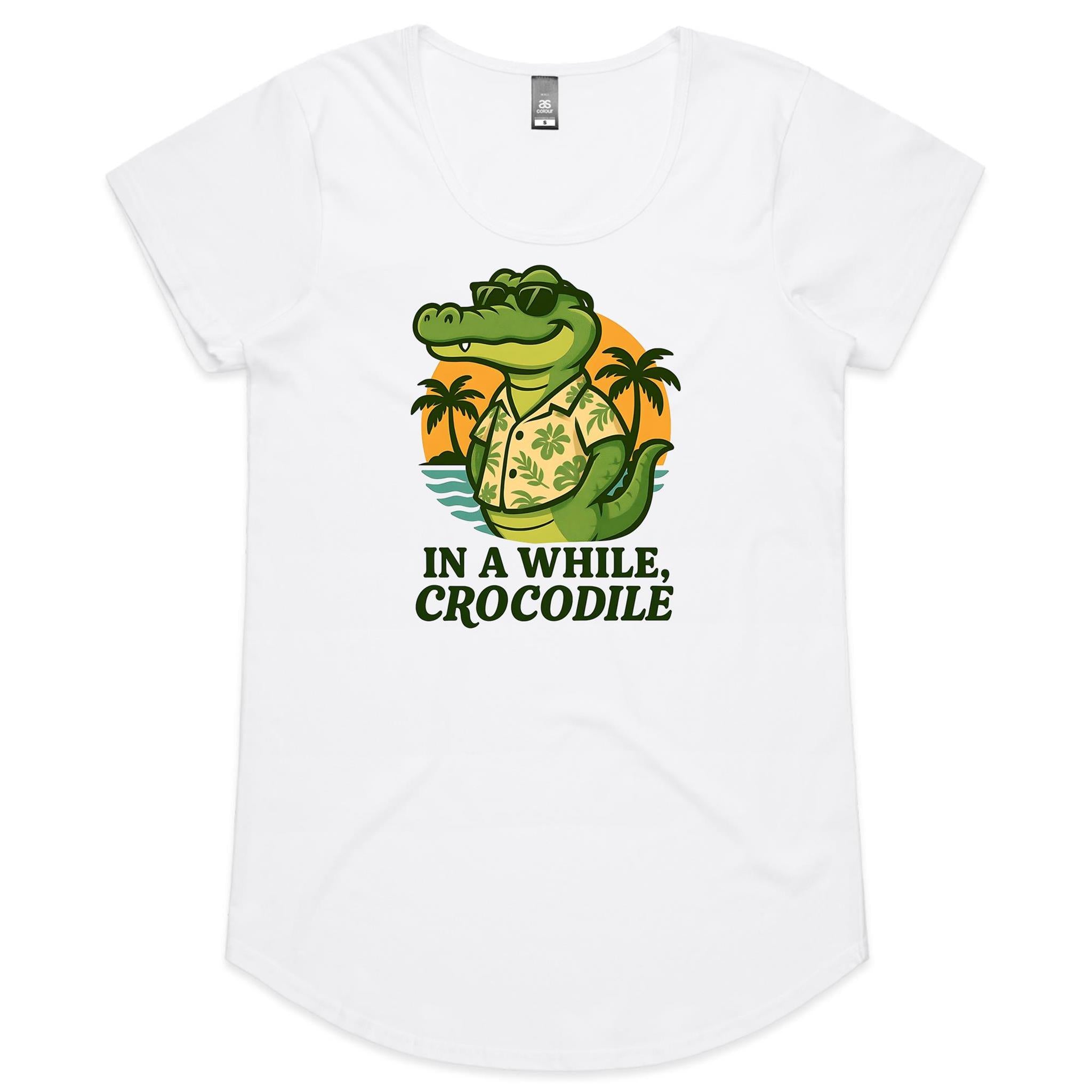 In A While, Crocodile Women's AS Colour Scoop Neck T-Shirt White Womens Scoop Neck T-shirt animal Printed In Australia