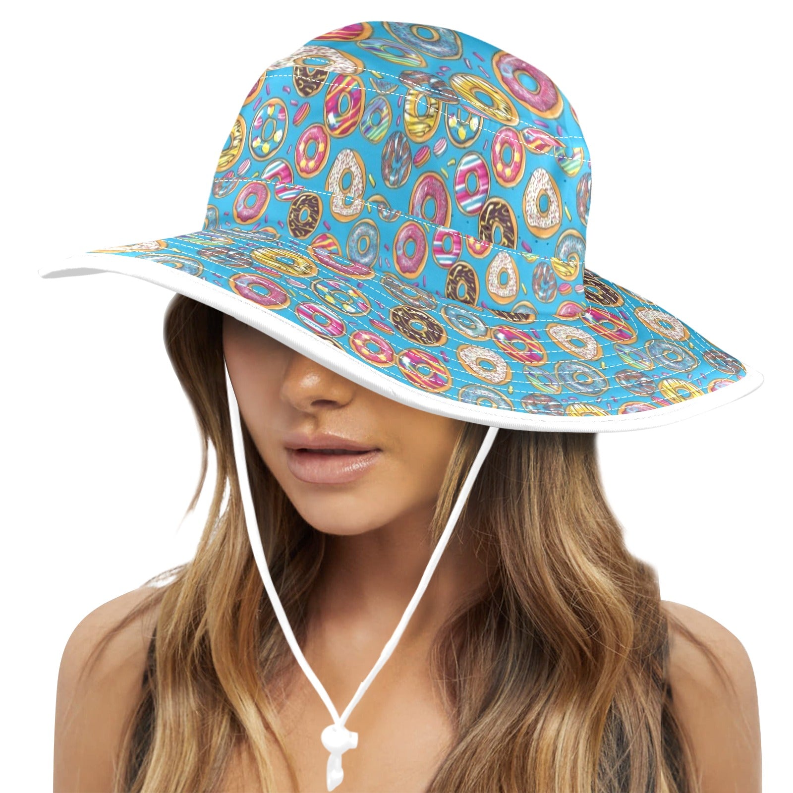 Doughnuts On Blue Wide Brim Bucket Hat Wide Brim Bucket Hat Food Printed Offshore