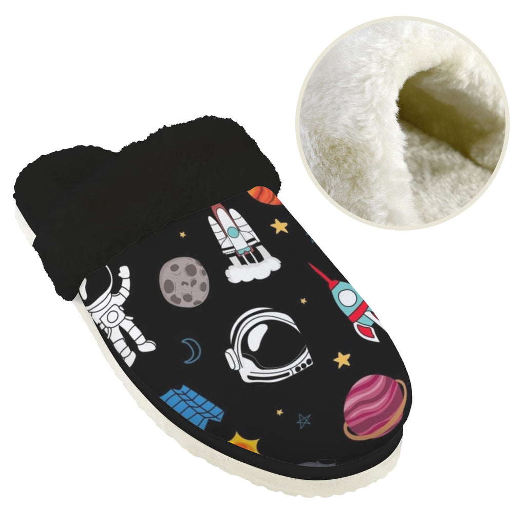 Fun Space Men's Fur Trim Thick-Sole Indoor Slippers Men's Fur Trimmed Slippers Printed Offshore Space