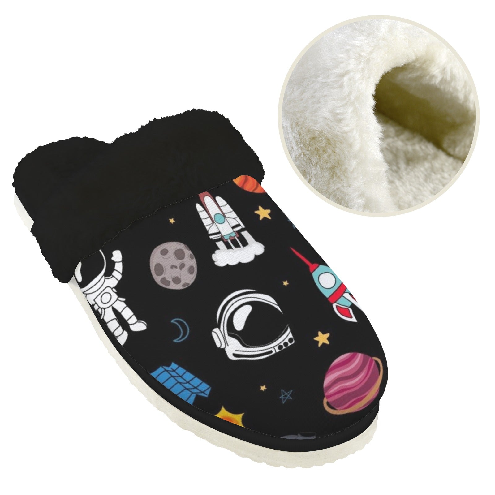 Fun Space Men's Fur Trim Thick-Sole Indoor Slippers Men's Fur Trimmed Slippers Printed Offshore Space