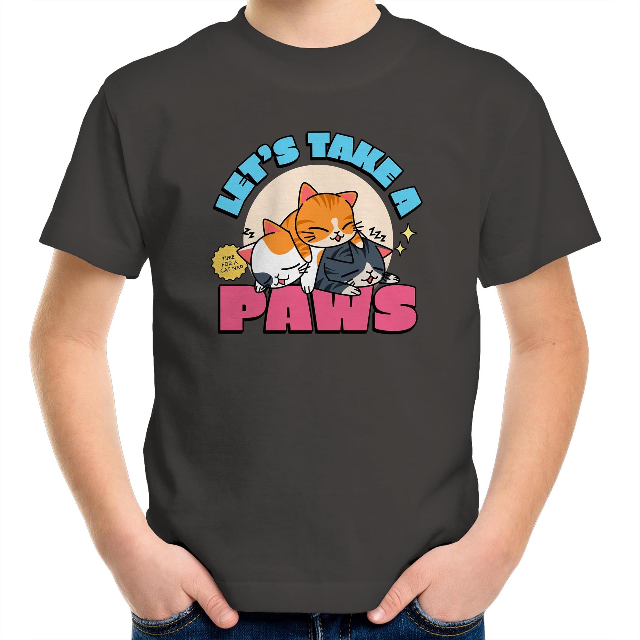 Let's Take A Paws, Cats - Kids Youth T-Shirt Charcoal Kids Youth T-shirt animal Printed In Australia