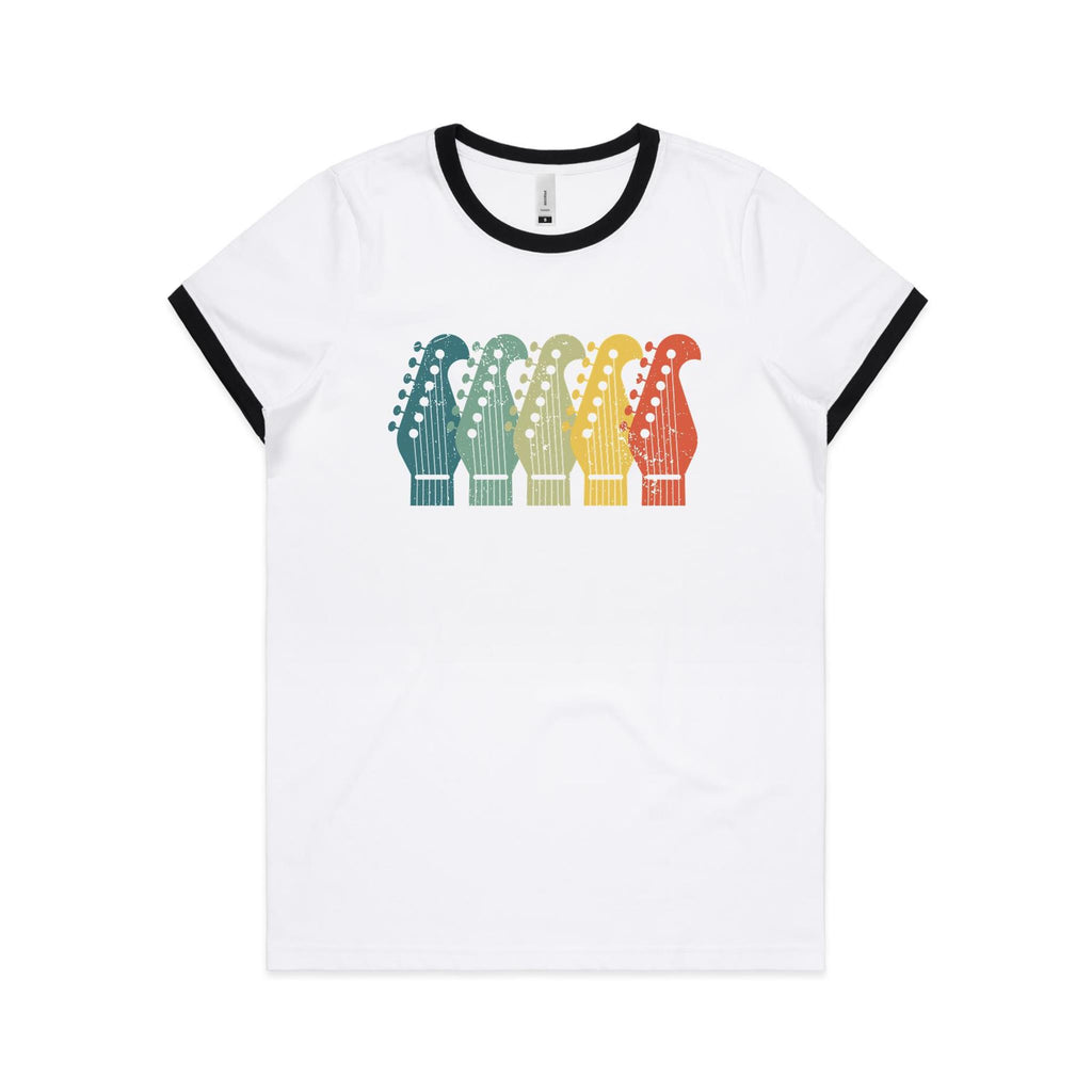 Vintage Guitar Headstocks - Women's Ringer Tee White Black Womens Ringer T-shirt Music Printed In Australia Retro