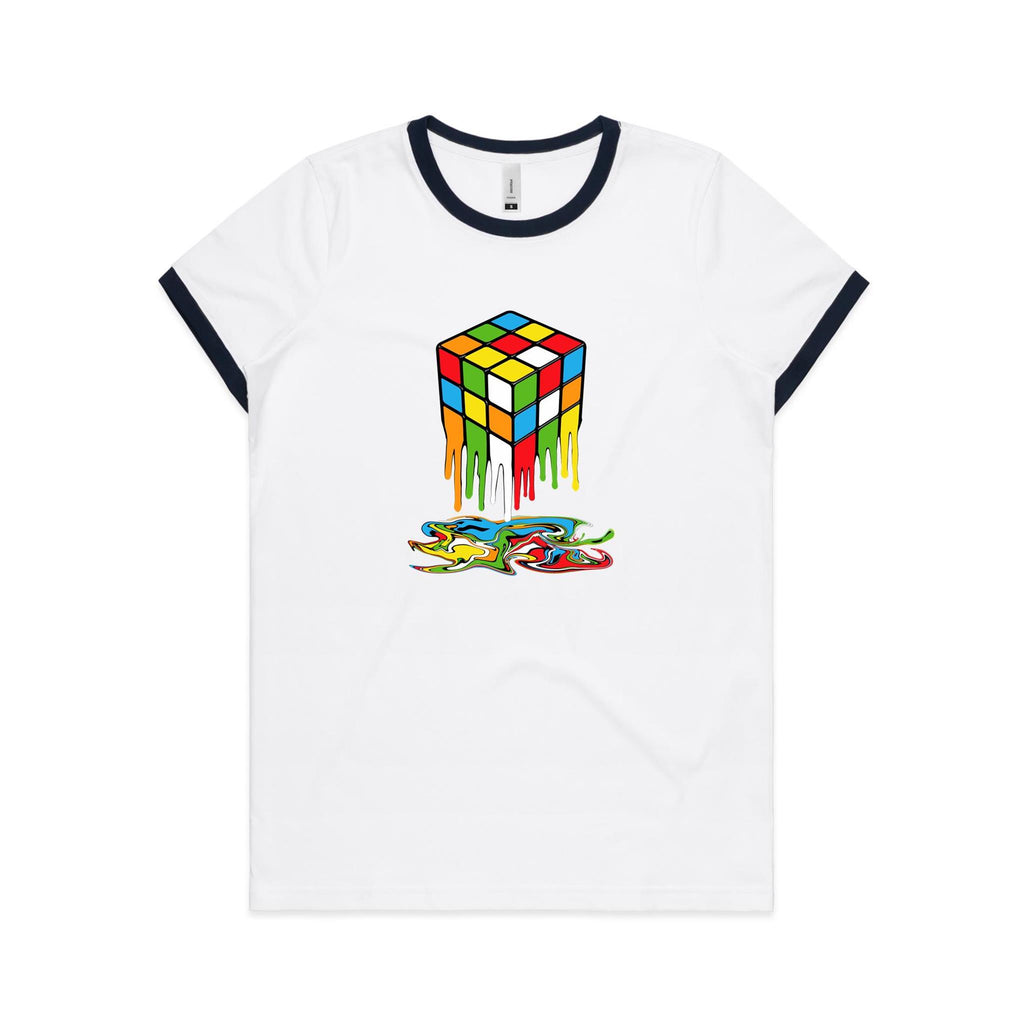 Melting Cube - Women's Ringer Tee White Navy Womens Ringer T-shirt Games Printed In Australia